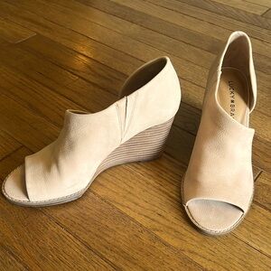 Lucky Brand soft sueded open toe high heel wedge